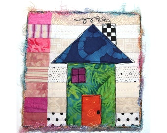 Fiber Mixed Media House on Canvas