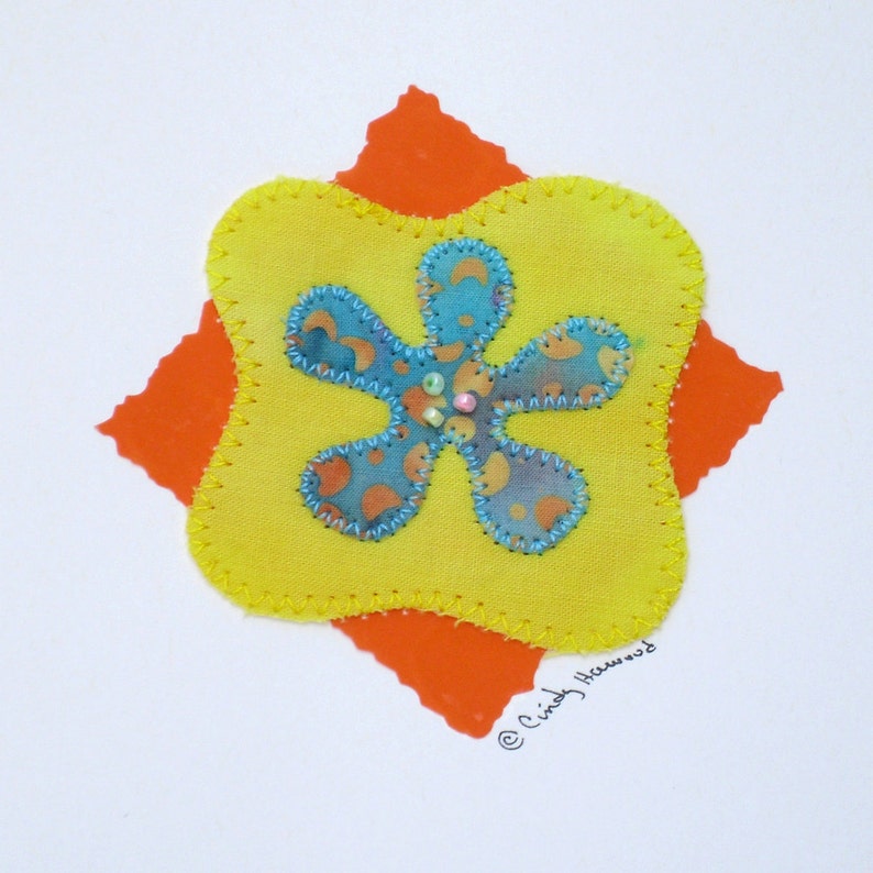 Mixed-Media Greeting Card Turquoise Yellow Orange Flower Beaded Sale image 3