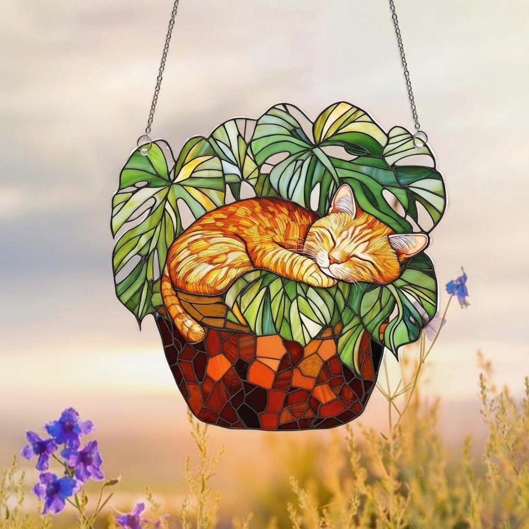 Orange Cat Monstera Suncatcher Window Hanging Acrylic Style - Etsy