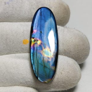 Può includere: Una pietra preziosa di labradorite lucidata a forma ovale. La pietra mostra un vibrante gioco di colori, con lampi iridescenti di blu, verde e giallo su una base blu scuro. La gemma è tenuta da una mano guantata.