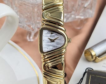 時計 vintage SEIKO EXCELINE GOLD 4N20-0370 Vintage Seiko Exceline Diamond Sculpted Pattern Gold Tone 4N20