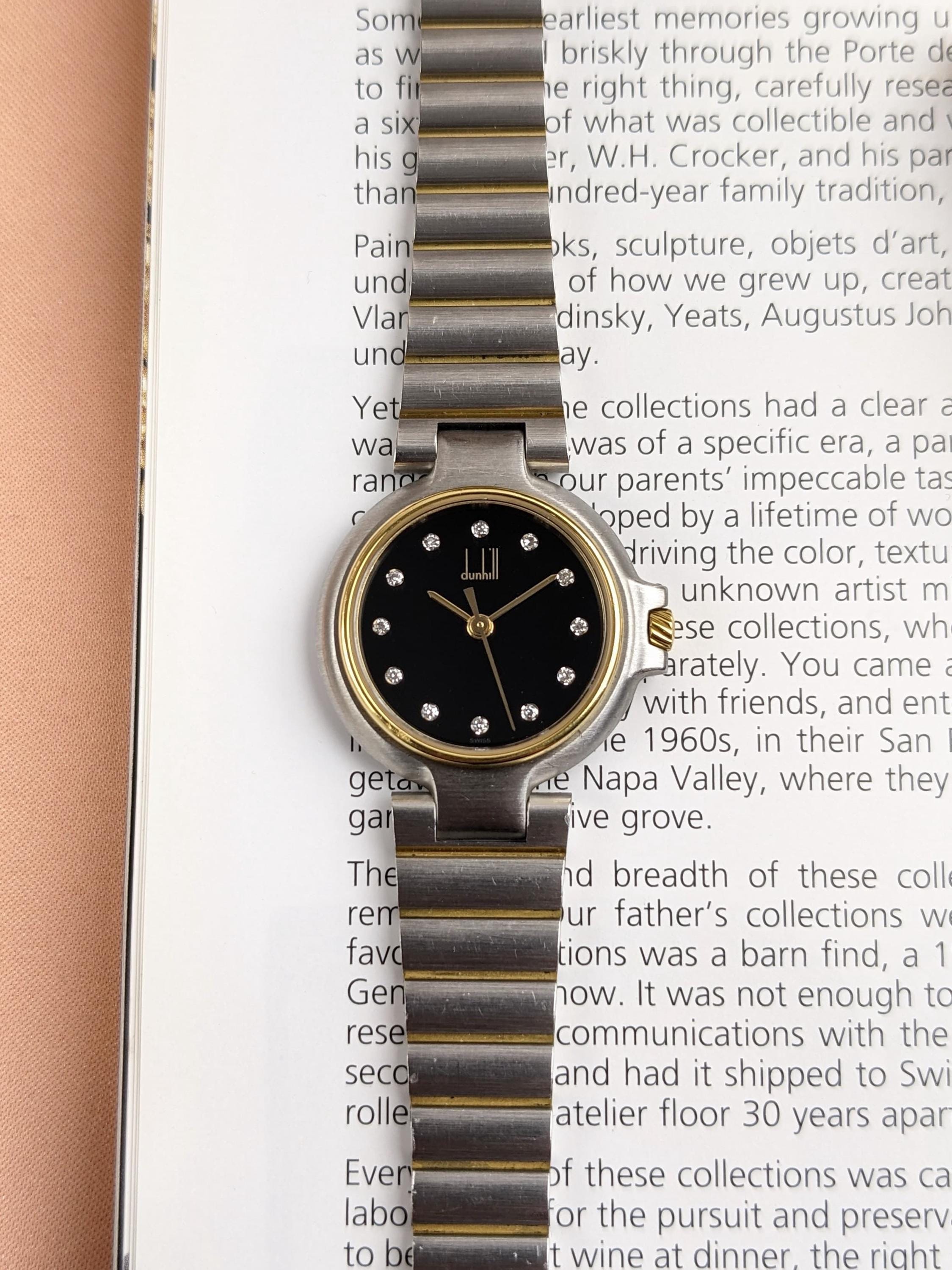 FF　ダンヒル dunhill クォーツ 腕時計 ローマン ブラック ゴールド Alfred Dunhill Black Dial With Diamond Numerals Vintage Fashion