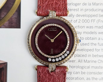 Must de Cartier Vermeil Burgundy Diamond Quartz Vintage, Reloj de Dama, Relojes Clásicos para Mujer