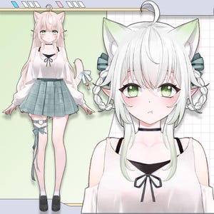 Op de afbeelding: Anime-stijl illustratie van een personage met kattenoren en groene ogen. Het personage draagt een witte top met een zwarte strik, een teal geruite rok en zwarte schoenen. Een tweede afbeelding toont een close-up van het gezicht van het personage.