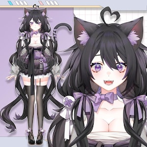 Puede incluir: Un personaje de estilo anime con cabello negro, orejas de gato y una cola. El personaje viste un atuendo negro y morado con una pajarita y medias. Los ojos son morados, y la estética general es linda y estilizada.