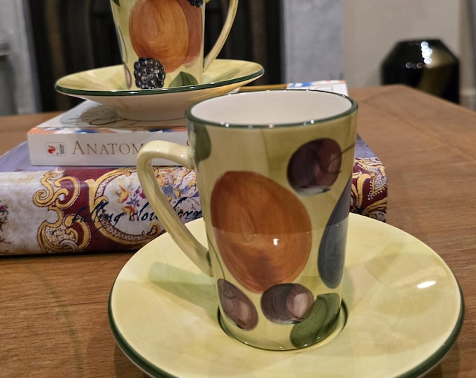 Featured listing image: Two Jersey Pottery Espresso Cups with Saucers – Hand Painted Fruit Design