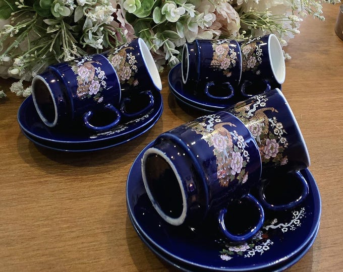 Featured listing image: Vintage Cobalt Blue Espresso Cup Set | Chinoiserie Peacock Demitasse