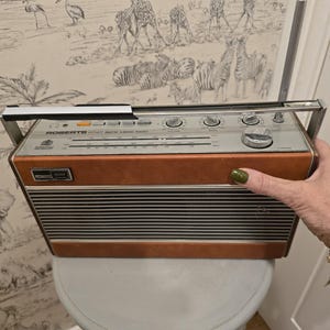 May include: A vintage Roberts R747 AM/FM 3-band radio featuring a tan leather-look casing, a silver metal speaker grille, and a top control panel with a silver carrying handle and an extendable antenna. The radio includes volume, bass, and tuning knobs.