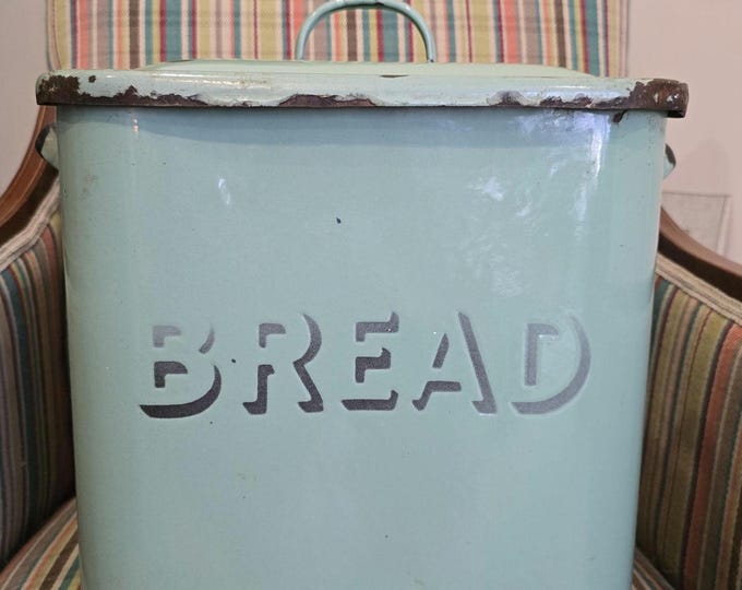 Featured listing image: Vintage Enamelware Bread Box | Pale Green Rustic Kitchen Storage