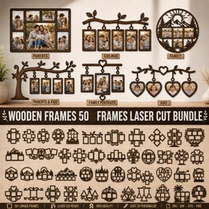 Könnte beinhalten: Eine digitale Sammlung von lasergeschnittenen Holz-Fotorahmen-Designs mit verschiedenen Formen wie Bäumen, Herzen und kreisförmigen Bergmotiven. Das Paket enthält mehrere Layouts für Familienporträts, Geschwister und Kinder mit Textbeschriftungen.
