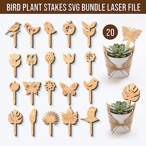 Vogel plant staken SVG-bundel laserbestand, vlinder- en bloempot decor, bloemen houten vogel topper, tuin laser ambacht, Glowforge, Сricut