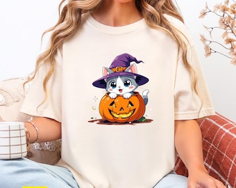 Spooky Cute Cat T-Shirt: Witch Hat Pumpkin Halloween Shirt