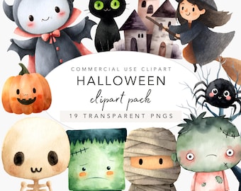 Dreamland Halloween Clipart, Watercolor Cute Halloween Characters, Witch, Vampire, Frankenstein, Haunted House | Commercial Use