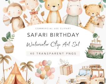 Può includere: Set di clip art ad acquerello con animali della savana, una tenda, palloncini, una jeep e una torta di compleanno. Il testo recita "Safari Birthday" e "40 Transparent PNGs". Le illustrazioni sono in morbidi colori pastello.