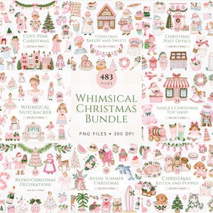 Puede incluir: Una colección digital de 483 ilustraciones con temática navideña que incluye a Santa Claus, casas de jengibre, cascanueces, juguetes, animales y decoraciones festivas en una paleta de colores rosa y verde, titulada Whimsical Christmas Bundle.