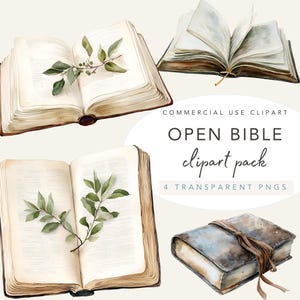 May include: A watercolour clipart pack showing four images of open Bibles. The Bibles have aged, off-white pages and brown covers. Some are decorated with green leafy branches. The text "OPEN BIBLE clipart pack" is also visible.