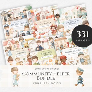 Puede incluir: Un conjunto de ilustraciones en acuarela con trabajadores de la comunidad. Las imágenes incluyen policías, bomberos, médicos, enfermeras, maestros, constructores y carteros. El paquete incluye 331 imágenes en formato PNG a 300 DPI.