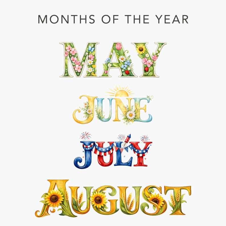 Months of the Year Clipart Set, Seasonal Kids, Watercolor Month Names ...