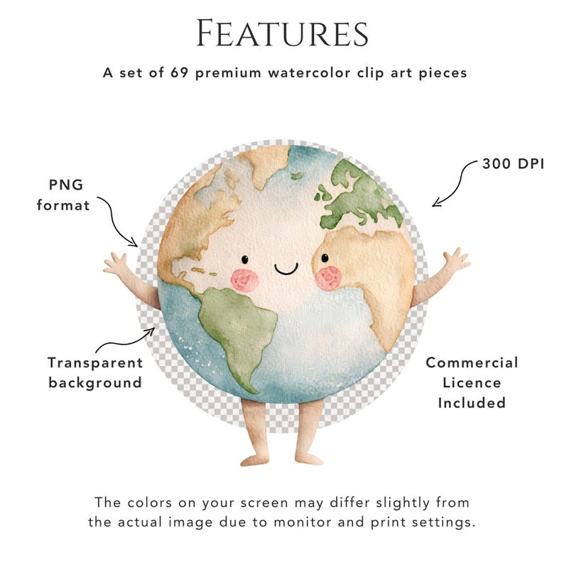 May include: A watercolor illustration of a smiling Earth character with arms and legs, surrounded by text including FEATURES, A set of 69 premium watercolor clip art pieces, PNG format, 300 DPI, Transparent background, and Commercial Licence Included.