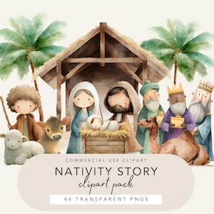 Op de afbeelding: Waterverfillustratie van een kerststal met Maria, Jozef, het kindje Jezus en de drie wijzen. De afbeelding bevat een stal, dieren en palmbomen. De tekst onderaan luidt "Nativity Story clipart pack".