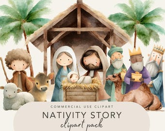 Nativity Clipart Set – Christmas Story PNG Bundle, Holy Family, Wise Men, Shepherds, Manger, Baby Jesus – Commercial Use