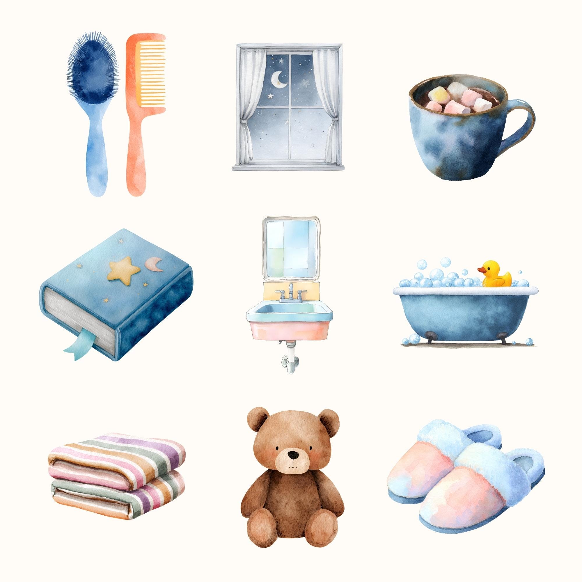 Night Routine Color Cartoon Night Routine Clipart Set, Watercolor Bedtime Pngs, Kids Bedtime ...
