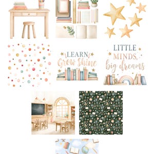 May include: A digital collection titled CLASSROOM VIBES featuring 69 PNGs. Elements include a wooden desk, stool, books, pencils, stars, polka dots, and classroom scenes. Text includes LEARN, Grow, Shine, and LITTLE MINDS, big dreams in watercolor style.