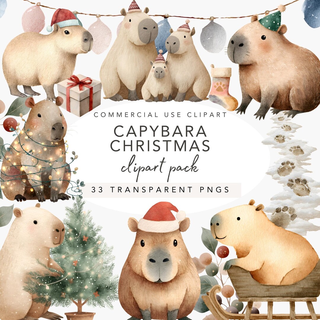 Capybara Christmas Clipart Set | 33 Watercolor Pngs | Cute Christmas ...