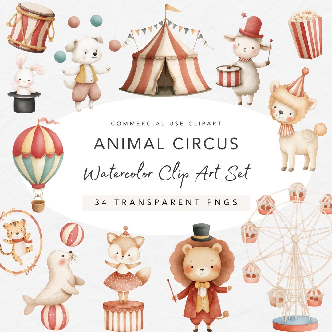 Animal Circus Watercolor Clipart Set – Cute Circus Animals PNG, Nursery ...