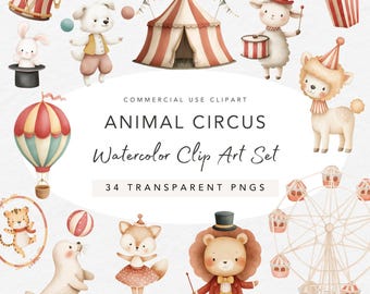 May include: Watercolor clip art set featuring circus animals, including a lion, lamb, fox, and seal. The set includes a circus tent, hot air balloon, and a Ferris wheel. The text reads "Animal Circus Watercolor Clip Art Set" and "34 Transparent PNGs".