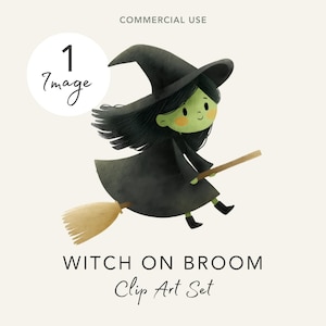Peut inclure: Illustration d'une sorcière de dessin animé sur un balai. La sorcière a la peau verte, les cheveux noirs et porte un chapeau et une robe noirs. Le texte "WITCH ON BROOM Clip Art Set" est inclus.