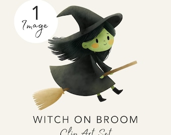 Clipart heks op bezem: vliegende heks Halloween, png (digitale download)