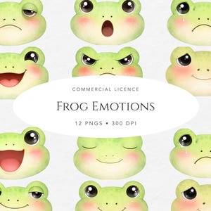 Può includere: Illustrazioni di rane ad acquerello, ognuna raffigurante un'emozione diversa. Le rane sono verde chiaro con guance rosee e grandi occhi espressivi. Il testo sull'immagine recita "FROG EMOTIONS", "12 PNGS" e "300 DPI".