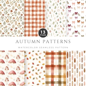 Könnte beinhalten: Eine digitale Sammlung von 13 nahtlosen Aquarellmustern mit Herbstmotiven. Die Designs umfassen orange-weißes Vichy-Karo, rote Pilze, verstreute Eichenblätter, botanische Zweige und kleine Schleifen auf einem weißen Hintergrund.