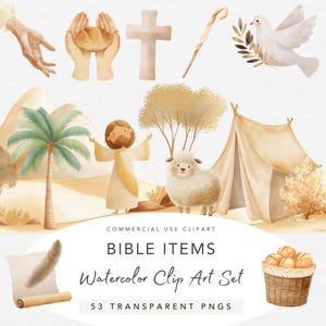 Op de afbeelding: Watercolor clip art set met diverse illustraties met een Bijbels thema. Bevat een kruis, duif, lam, palmboom, tent en een figuur met uitgestrekte armen. De tekst luidt "Bible Items" en "Watercolor Clip Art Set".
