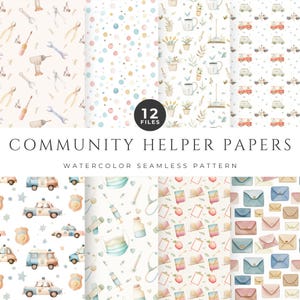 May include: A collection of watercolor seamless patterns titled "Community Helper Papers." The patterns feature various designs, including tools, polka dots, plants, ambulances, police cars, medical supplies, and envelopes. The image includes the text "12 FILES" and "Watercolor Seamless Pattern."