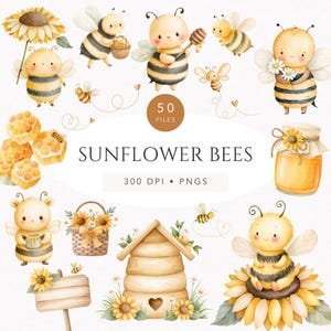 May include: A digital collection of watercolor illustrations featuring bees, sunflowers, honeycombs, a beehive, and a honey jar. The text reads 50 FILES, SUNFLOWER BEES, and 300 DPI PNGS. These graphics depict various bees in yellow and black.