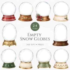 Op de afbeelding: Een verzameling van twaalf lege sneeuwbollen met diverse voetstukken, waaronder rode, houtkleurige en decoratieve stijlen. De centrale tekst luidt 24 FILES EMPTY SNOW GLOBES 300 DPI PNGS. Deze glazen koepels bevatten diverse ontwerpen zoals hulst, strikken en geschulpte randen.