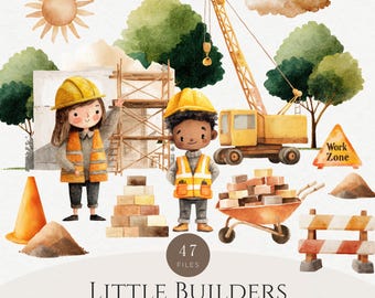 Watercolor Construction Clip Art – Builders, Trucks, Tools (47 PNGs, Commercial Use License)