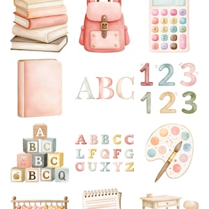May include: A digital collection of watercolor classroom illustrations including a stack of books, a pink backpack, a calculator, a notebook, alphabet letters, numbers, wooden blocks, a paint palette with a brush, an abacus, and a desk with a chair.