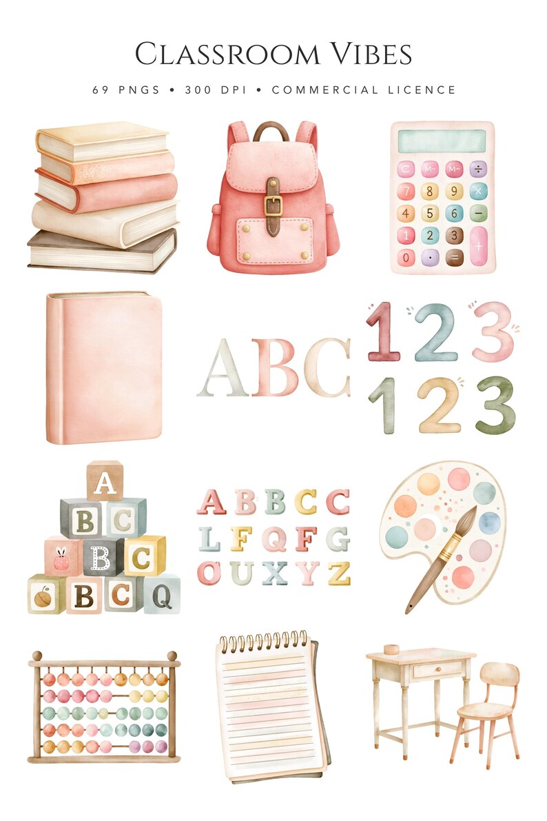 May include: A digital collection of watercolor classroom illustrations including a stack of books, a pink backpack, a calculator, a notebook, alphabet letters, numbers, wooden blocks, a paint palette with a brush, an abacus, and a desk with a chair.