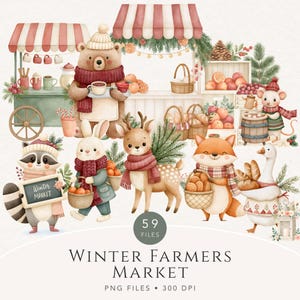 Könnte beinhalten: Aquarell-Illustration eines Winterbauernmarktes mit entzückenden Tierfiguren. Ein Bär serviert heiße Getränke, ein Waschbär hält ein Schild und ein Fuchs trägt Brot. Der Text "Winter Farmers Market" und "59 Files" ist enthalten.