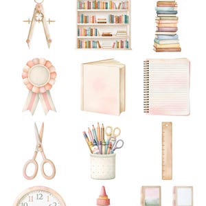 May include: A digital collection titled CLASSROOM VIBES featuring watercolor illustrations of school supplies including a compass, a bookshelf, a stack of books, a rosette ribbon, a notebook, scissors, pencils in a cup, a ruler, a clock, and glue.