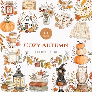 Könnte beinhalten: Eine Sammlung von Aquarellillustrationen mit herbstlichen Motiven, darunter ein Glas Marmelade, ein Willkommensschild, ein Haus, ein Blumenstrauß, Garn, ein Krapfen, ein Kürbis, Socken, ein Pullover, ein Kaffeebecher, eine Kerze, eine Laterne, Bücher, Decken, eine Hexe und eine Eule.