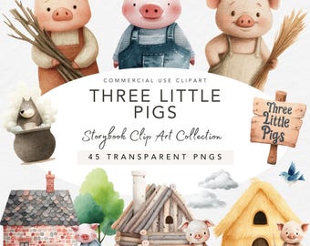 The Three Little Pigs – Watercolor Storybook Clip Art Set | Neutral Fairytale Illustrations | Pig & Wolf PNGs