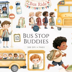 Puede incluir: Una colección digital de ilustraciones en acuarela titulada Bus Stop Buddies, que presenta niños con mochilas, autobuses escolares amarillos, una parada de autobús, un semáforo, una botella de agua y un cartel con el texto Bus Ride.
