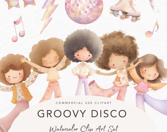 May include: Watercolor clip art set titled "Groovy Disco" featuring illustrations of disco balls, roller skates, musical notes, and cartoon figures in 70s-inspired outfits. The set includes 43 transparent PNGs. The color palette includes pink, yellow, and purple.