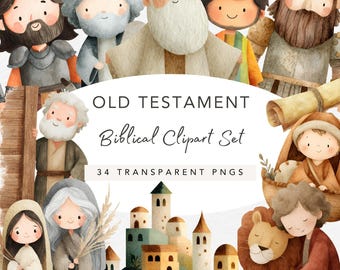 May include: Watercolor illustrations of Old Testament biblical characters and scenes. The image includes various figures, a city, and the text "OLD TESTAMENT Biblical Clipart Set 34 Transparent PNGs."