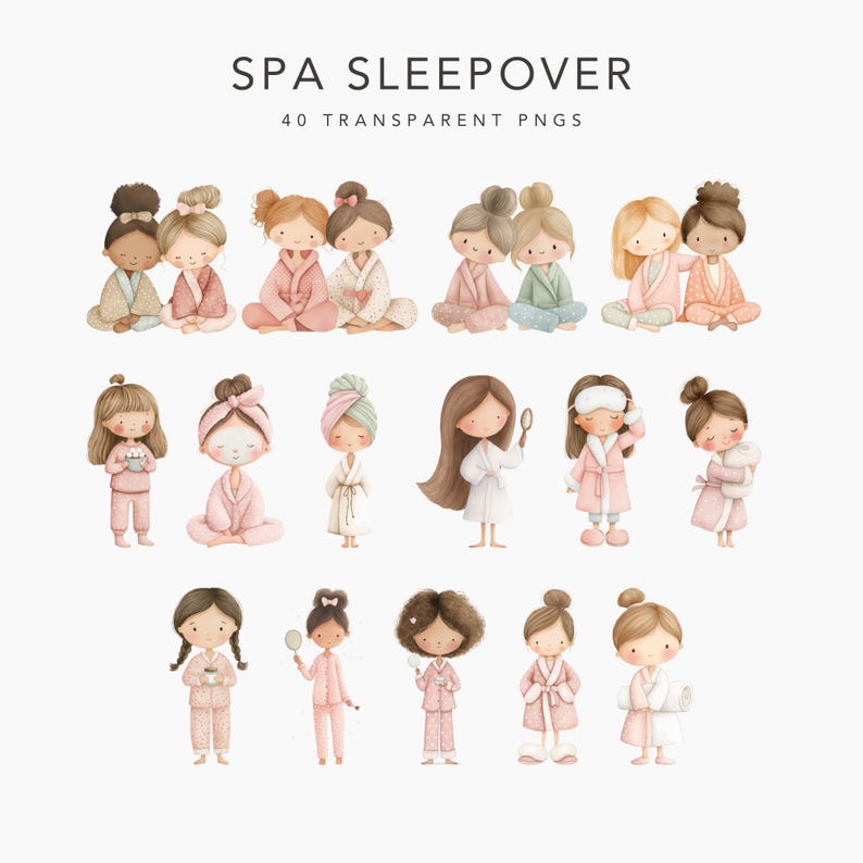 Spa Sleepover Clipart Set | Kids Party Watercolor PNG | Pajama Girls ...