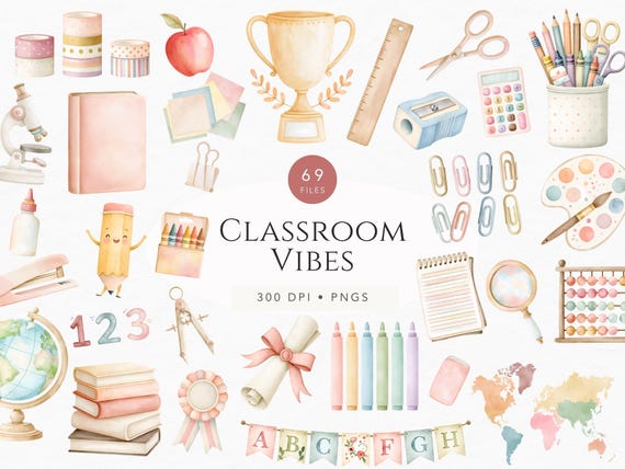 Classroom Clipart Set, Pastel School Supplies PNG, Watercolor Stationery, Teacher Graphics